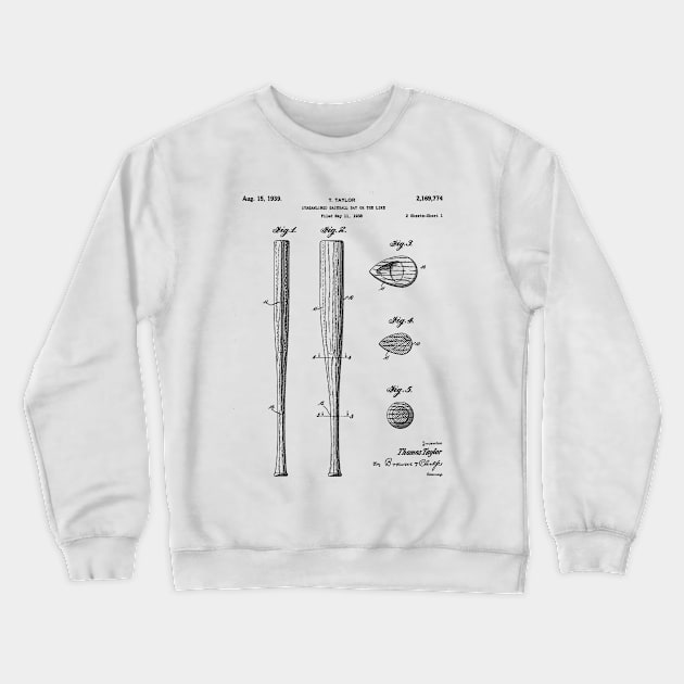 Baseball Bat Patent - Baseball Art - Black And White Crewneck Sweatshirt by patentpress